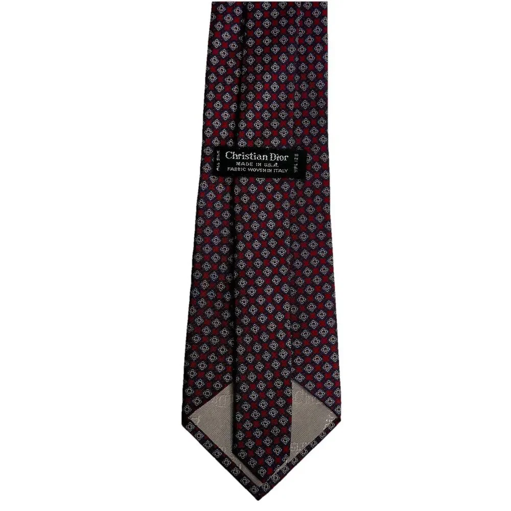 CHRISTIAN DIOR Men's Silk Tie - Red Navy Diamond Square Geometric 55.5